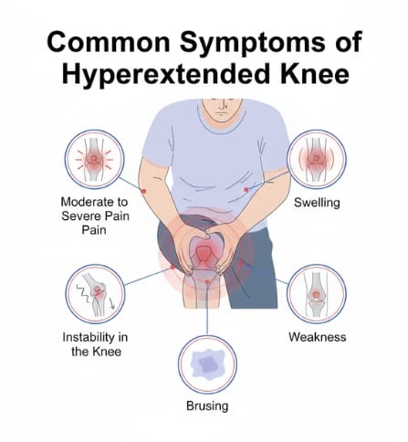 Medical infographic showing common symptoms of a hyper-extended knee including moderate to severe pain, swelling, instability, weakness, and bruising around the knee joint.