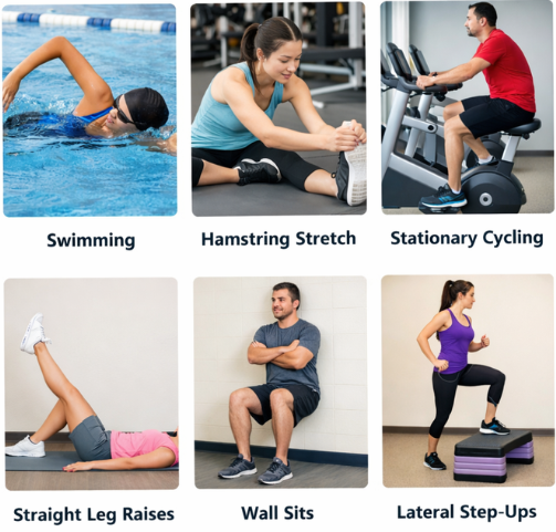 Recovery exercise collage featuring low-impact workouts designed to restore motion and strength after a hyper-extended knee.