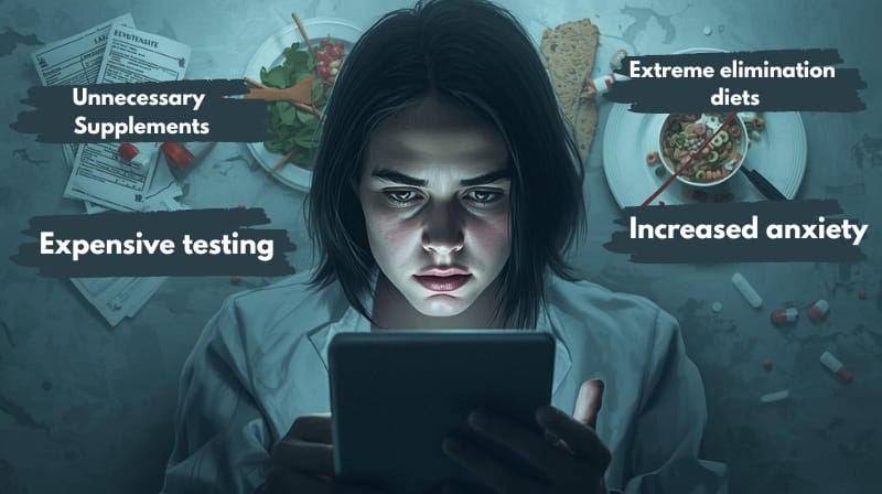 Educational graphic outlining potential consequences of unproven leaky gut advice, including costly testing, strict elimination diets, unnecessary supplements, and anxiety.