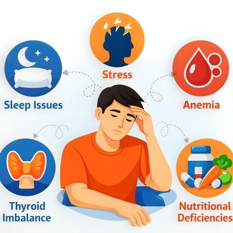 Infographic showing common causes of fatigue such as sleep problems, stress, anemia, thyroid imbalance, and nutritional deficiencies.