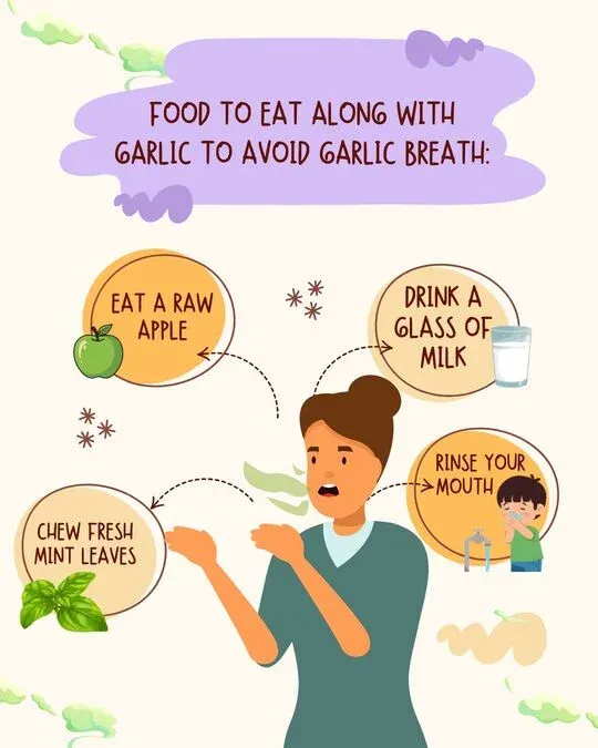 An infographic titled 'Food to Eat Along With Garlic to Avoid Garlic Breath' suggesting readers eat a raw apple, drink milk, or chew mint leaves