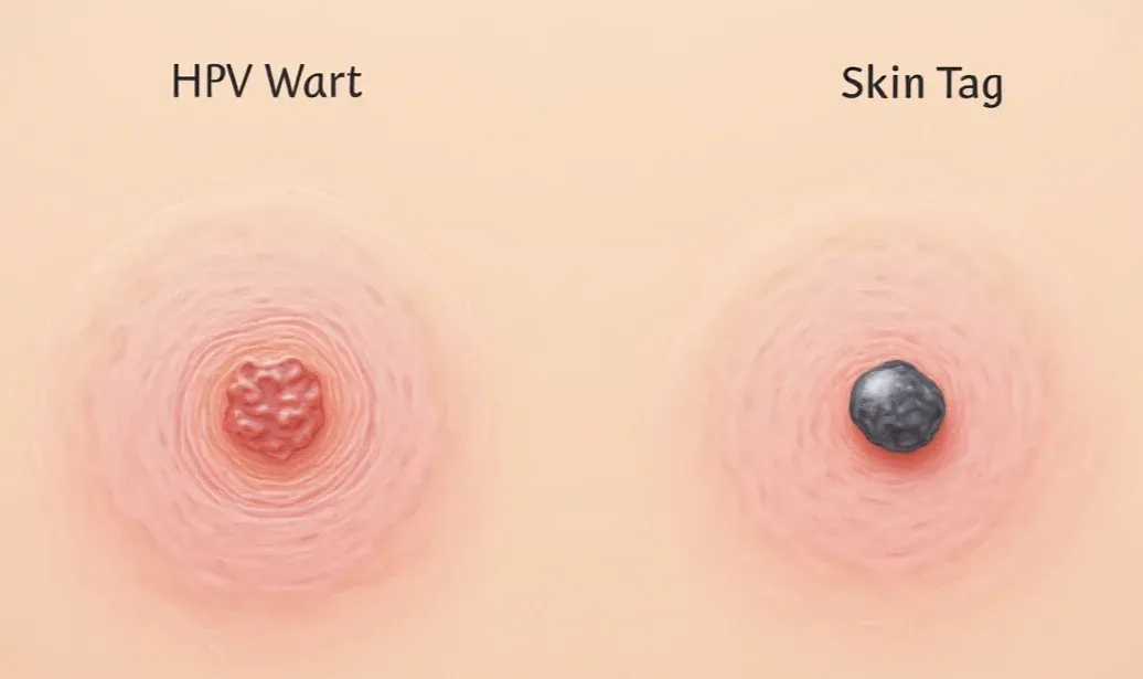 Differences Between HPV Warts and Skin Tags, side-by-side medical illustration showing HPV wart and skin tag for easy identification