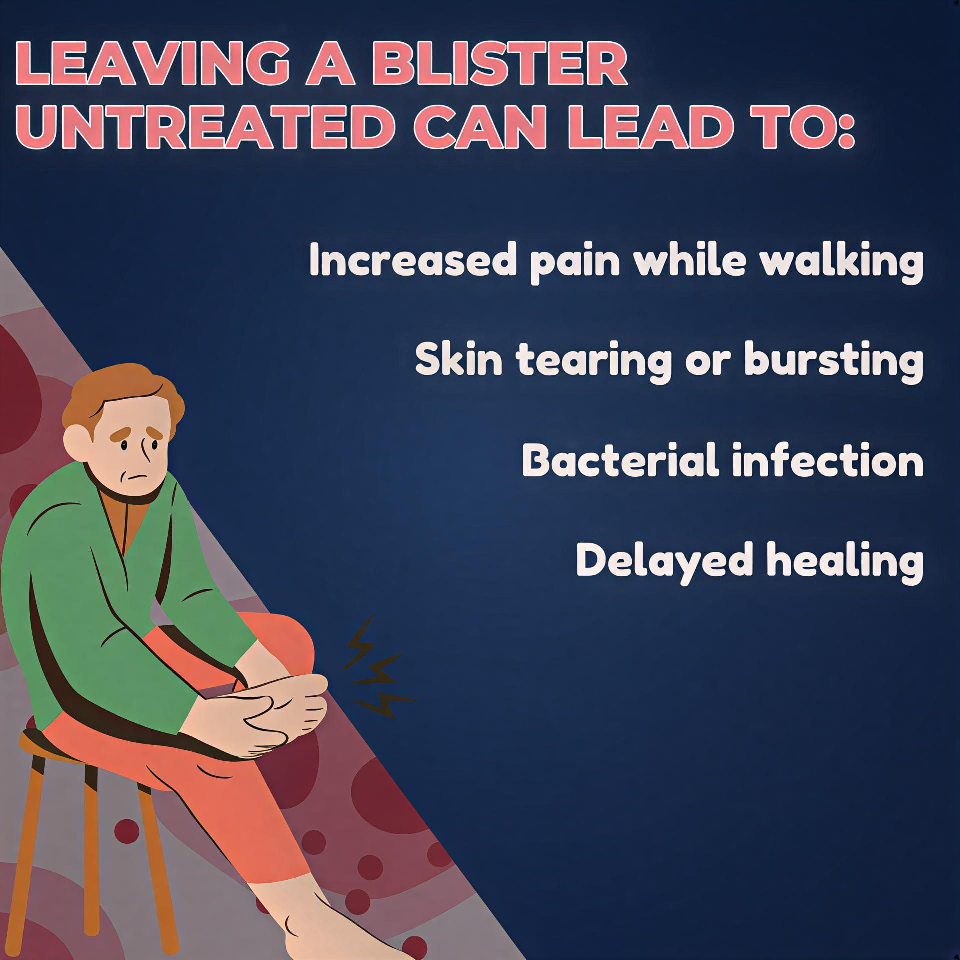 Graphic illustration showing warning signs and complications of untreated blisters on soles of feet