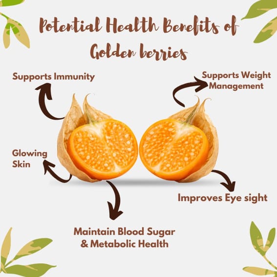 Golden berries health benefits infographic highlighting immunity support, weight management, skin health, eye health, and metabolic balance.