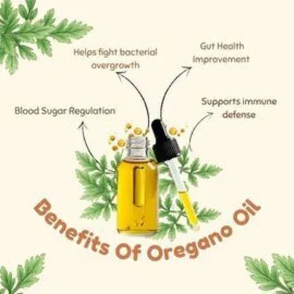 oregano leaves with listed benefits including gut health improvement, immune support, blood sugar regulation, and fighting bacterial overgrowth.