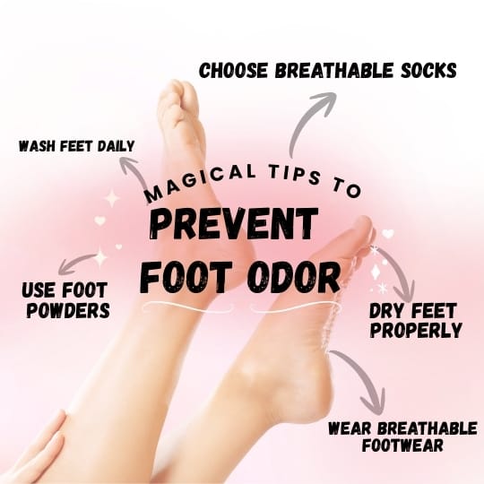 Infographic showing tips to prevent foot odor from Sweaty Feet, including washing feet daily, drying properly, using foot powders, and wearing breathable socks and footwear.