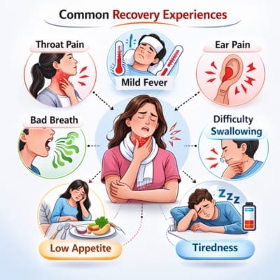 Infographic illustrating common tonsillectomy recovery symptoms