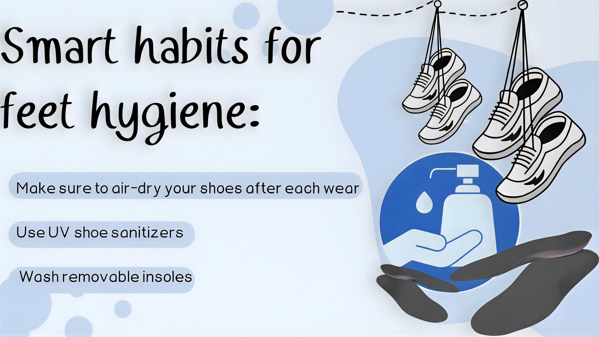 Illustration featuring hanging shoes and hygiene icons with tips for preventing foot odor through proper shoe drying and insole cleaning.