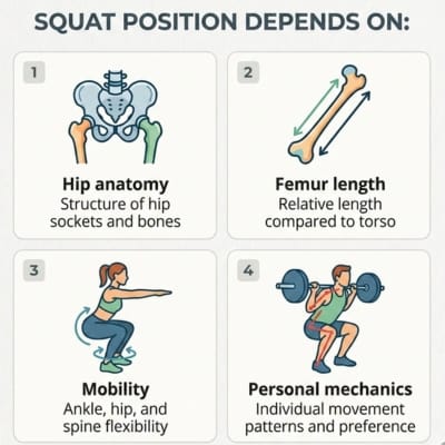 Four-panel educational graphic explaining that squat form is determined by hip anatomy, femur length, mobility, and individual movement mechanics.