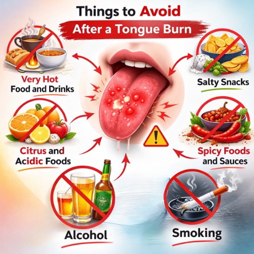 Infographic of a person sticking out an irritated tongue surrounded by warning symbols for spicy dishes, hot beverages, salty snacks, citrus foods, alcohol, and smoking after a tongue burn.