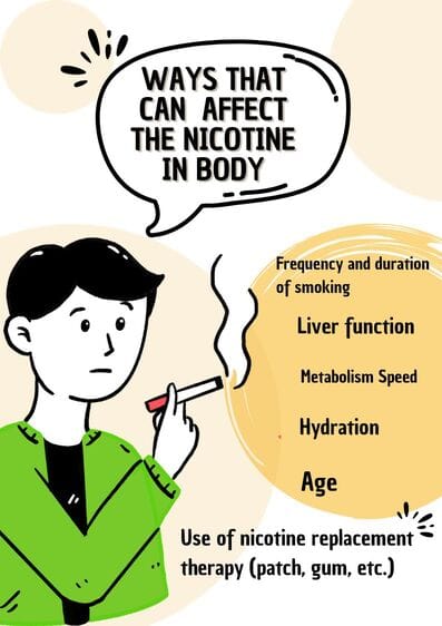 factors that affect nicotine in the body, including smoking frequency, liver function, metabolism speed, hydration, age, and nicotine replacement therapy.