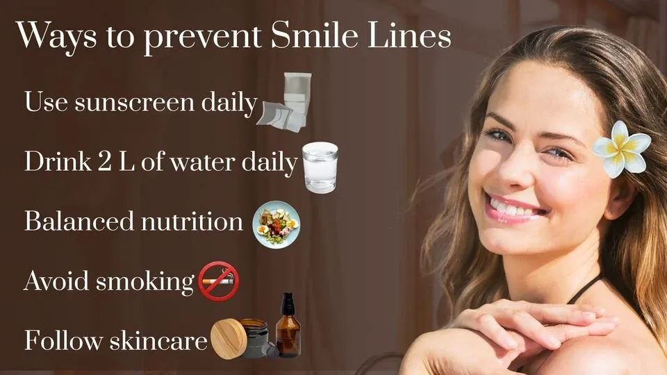 Infographic showing ways to prevent smile lines, including using sunscreen daily, drinking 2 liters of water, balanced nutrition, avoiding smoking, and following a skincare routine, alongside a smiling woman.