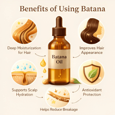 Infographic showing batana oil bottle with benefits including deep moisturization, improved hair appearance, scalp hydration, antioxidant protection, and reduced breakage.