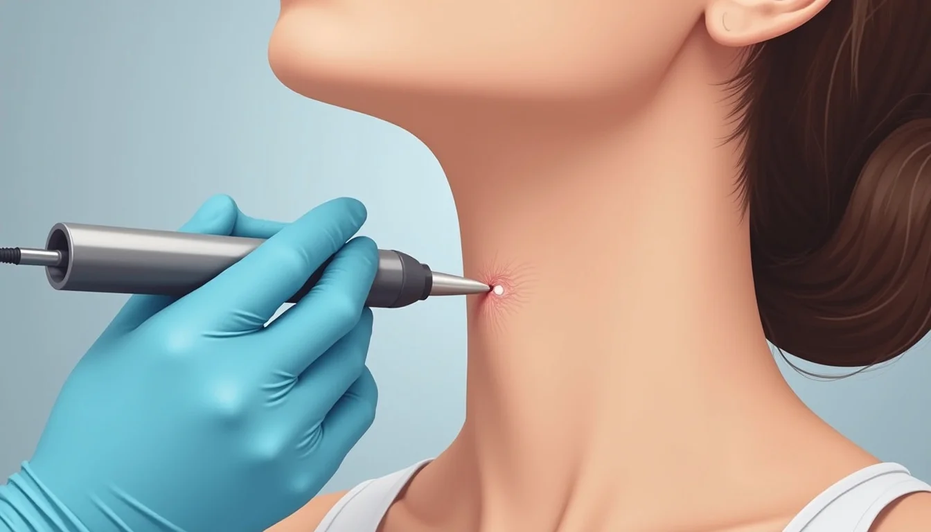 kin tag removal procedure shown by cauterization on the neck