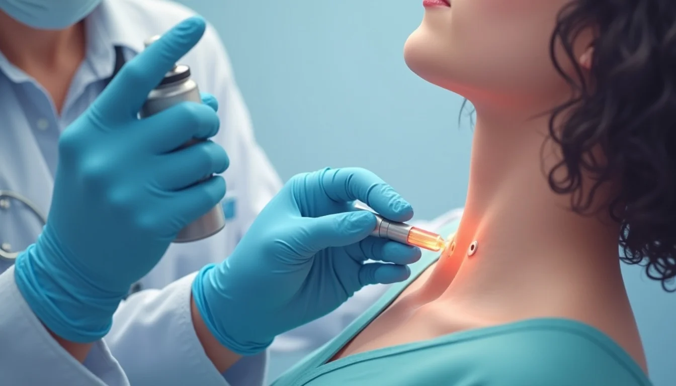 Skin tag removal procedure shown using cryotherapy, with a dermatologist applying liquid nitrogen to a skin tag on the neck