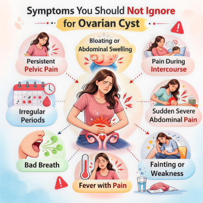 Educational medical graphic detailing ovarian cyst symptoms that require urgent medical attention.