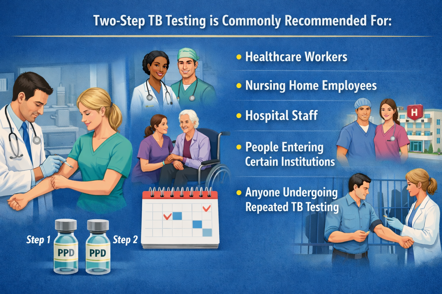 Medical infographic showing a TB skin test being administered, healthcare workers, nursing home caregivers with an elderly patient, hospital staff, and two PPD vials labeled Step 1 and Step 2 with a calendar indicating follow-up testing.