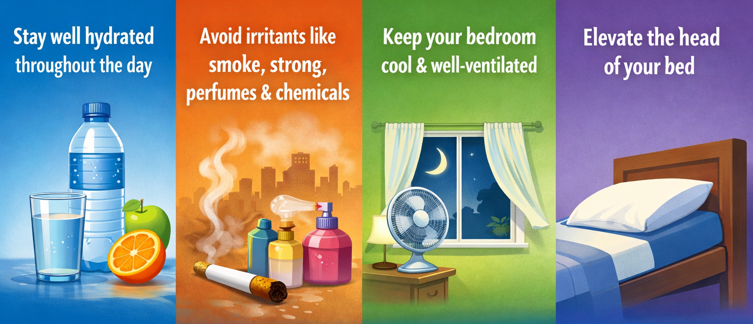 Illustrated nighttime cough prevention guide showing hydration, avoiding smoke and chemical irritants, keeping a cool ventilated bedroom, and elevating the head during sleep to reduce coughing.