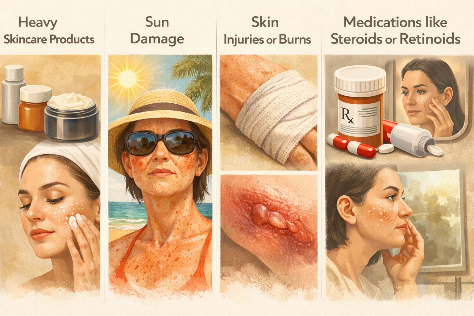 Educational infographic showing common causes of milia