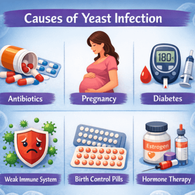 Infographic titled “Causes of Yeast Infection” showing antibiotics, pregnancy, diabetes, weak immune system, birth control pills, and hormone therapy as common risk factors often confused with blue waffle misinformation.