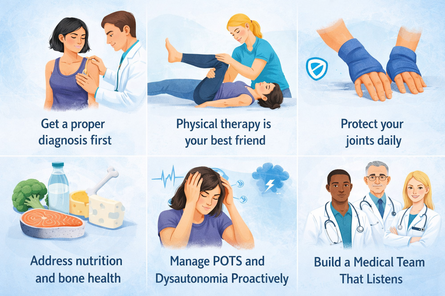 Illustrated guide showing Ehlers-Danlos Syndrome prevention tips