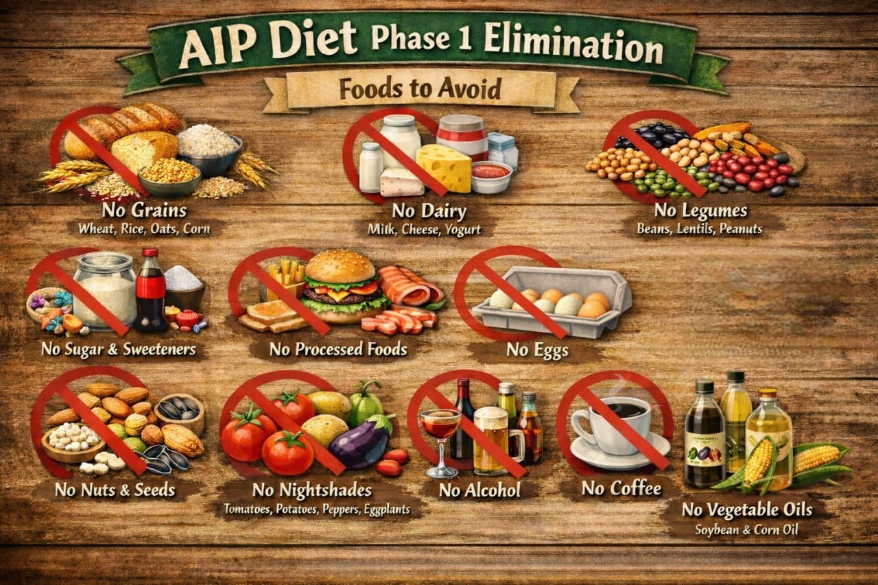 Infographic illustrating AIP Diet Phase 1 elimination foods to avoid, including grains, dairy, legumes, sugar, processed foods, eggs, nuts and seeds, nightshade vegetables, alcohol, coffee, and vegetable oils.