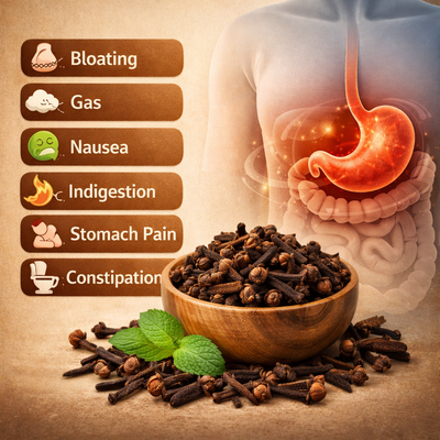 Cloves benefits for digestion showing relief from bloating, gas, nausea, indigestion, stomach pain, and constipation.