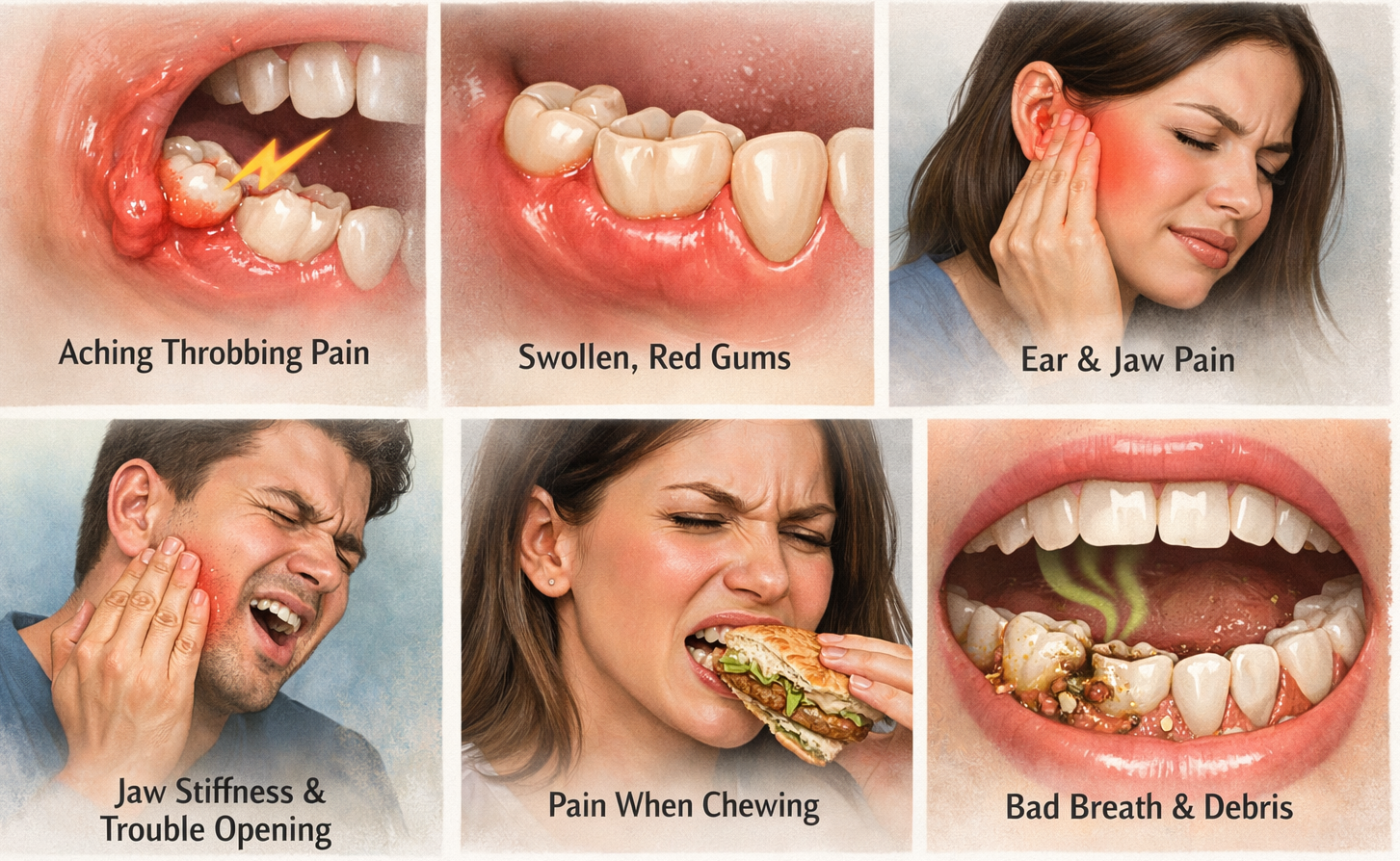 Wisdom Tooth Pain symptoms include aching at the back of the mouth, swollen gums, jaw stiffness, pain while chewing, ear discomfort, and bad breath due to infection or trapped debris.