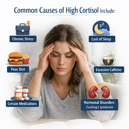 Illustration showing common causes of high cortisol levels in females