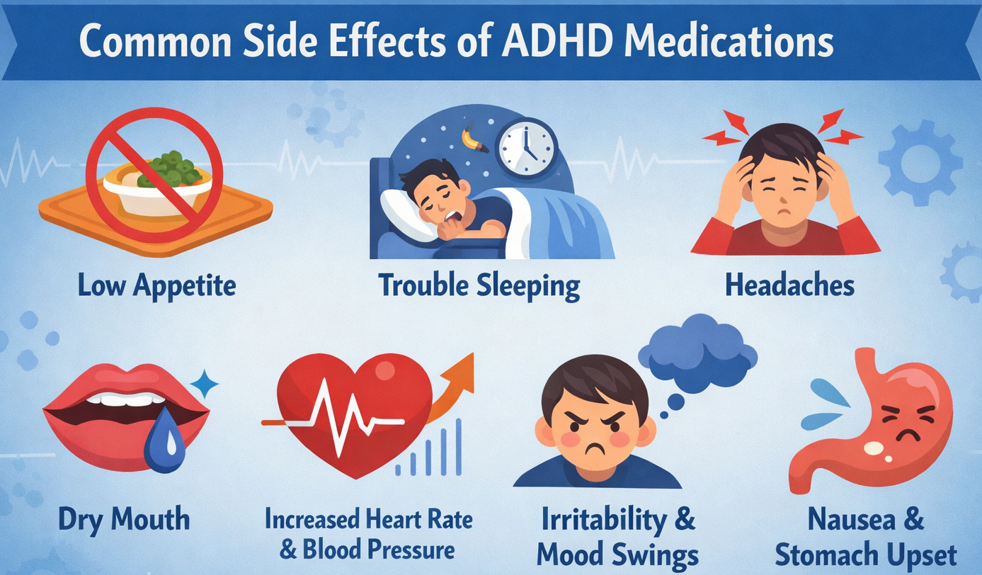 Infographic showing common side effects of ADHD medications including low appetite, trouble sleeping, headaches, dry mouth, increased heart rate, irritability, and nausea