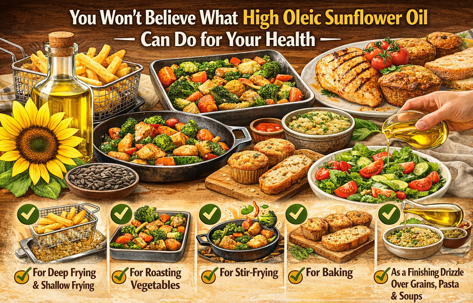 High oleic sunflower oil used in multiple cooking methods including frying, roasting vegetables, baking, stir-frying, and salad dressing.