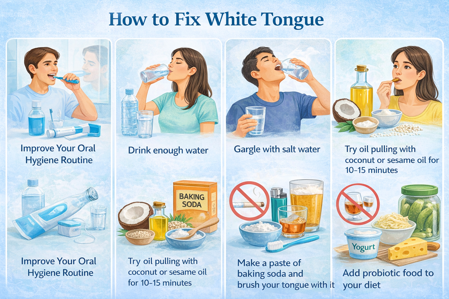 Guide showing ways to fix white tongue including better oral hygiene.