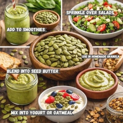 Pumpkin seeds displayed with different serving suggestions including smoothie jars, fresh salad bowls, creamy seed butter, and yogurt topped with seeds.