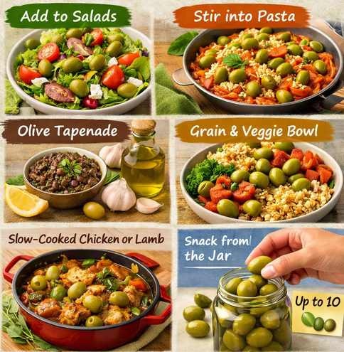 Different ways to eat green olives including salads, pasta, tapenade, grain bowls, slow-cooked dishes, and eating olives directly from a jar up to 10 pieces.