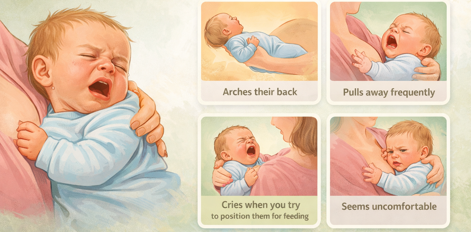 Illustration of infant feeding difficulties showing signs like arching back, pulling away, crying during feeding, and discomfort often associated with Lip Tie condition