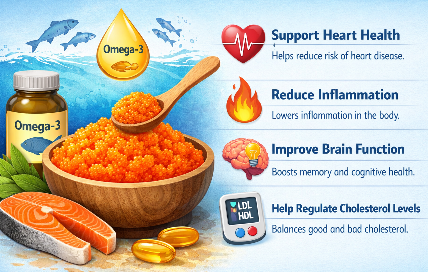 Illustration of masago (capelin roe) highlighting omega-3 benefits