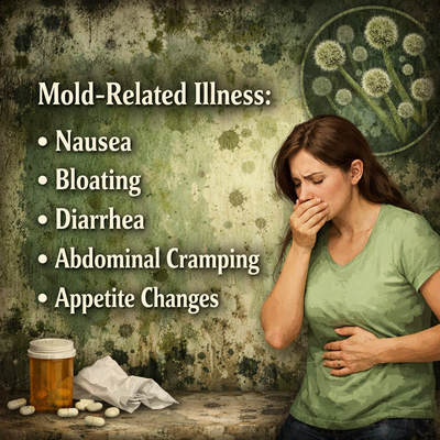 Illustration of a person feeling sick due to mold exposure with digestive symptoms like nausea, bloating, diarrhea, and stomach cramps.