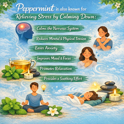 Infographic showing peppermint stress-relief benefits