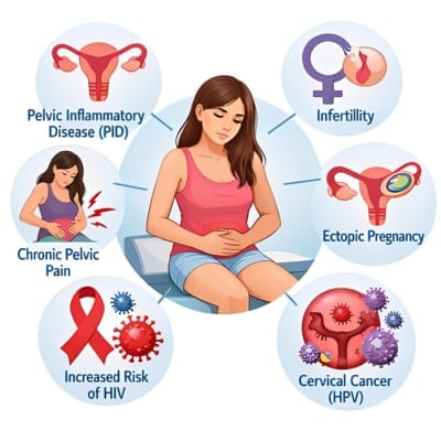 Infographic showing a woman with lower abdominal pain surrounded by icons representing complications of untreated STDs