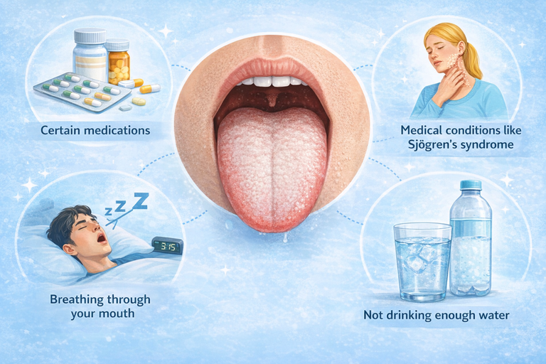 Infographic showing causes of white tongue and dry mouth