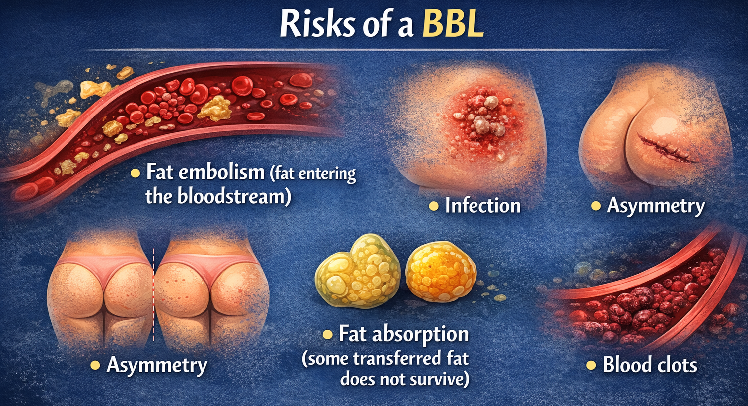 Medical illustration showing risks of Brazilian Butt Lift surgery such as fat embolism, infection, asymmetry, fat absorption, and blood clots.
