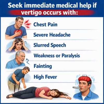 Graphic showing emergency symptoms that require urgent care when vertigo occurs