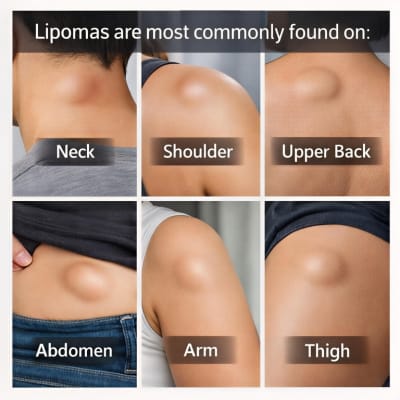 Collage showing common lipoma locations on the body