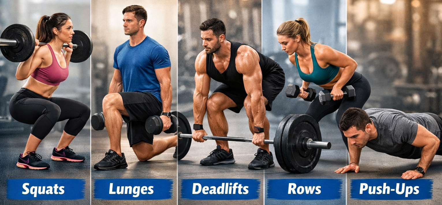 People performing strength training exercises including squats, lunges, deadlifts, rows, and push-ups to improve muscle strength and support fat loss in the lower abdominal area.