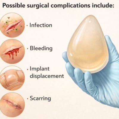 Illustration showing a gummy bear breast implant and common surgical complications that may occur after breast augmentation