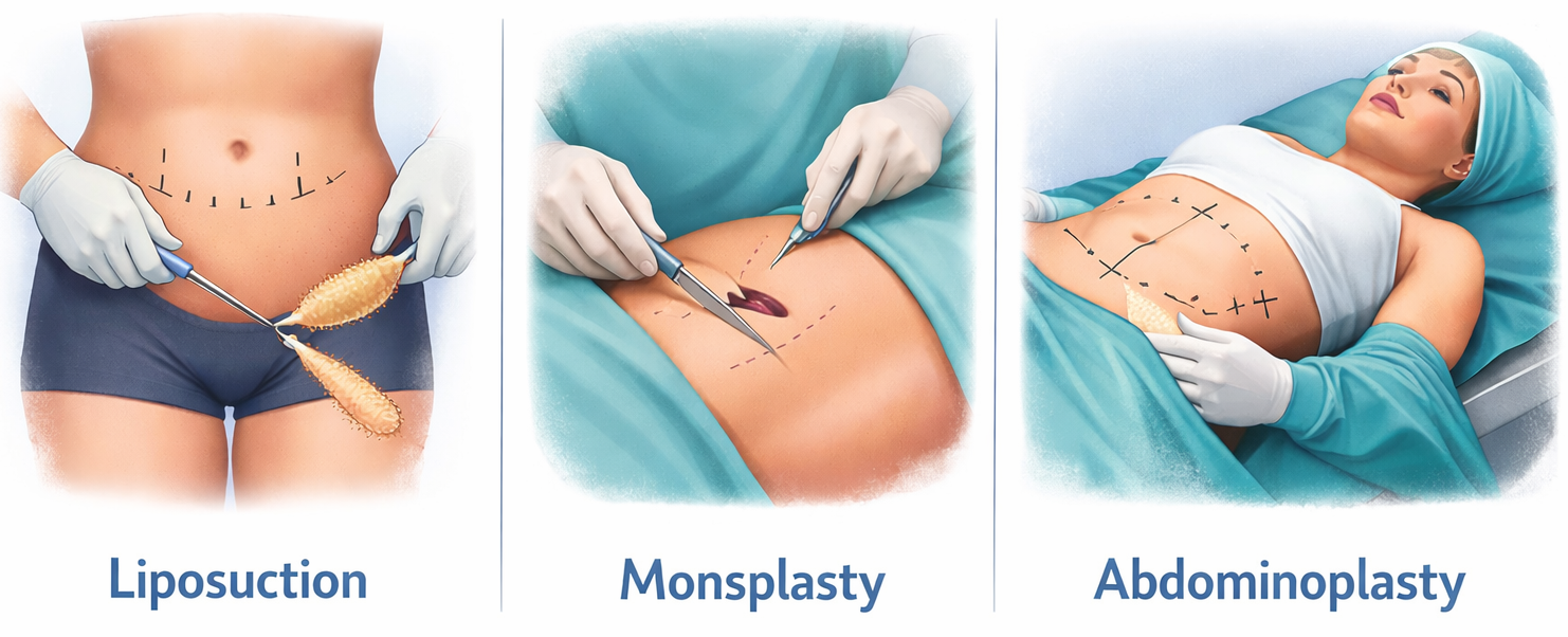 Illustration showing surgical procedures-liposuction, monsoplasty, and abdominoplasty
