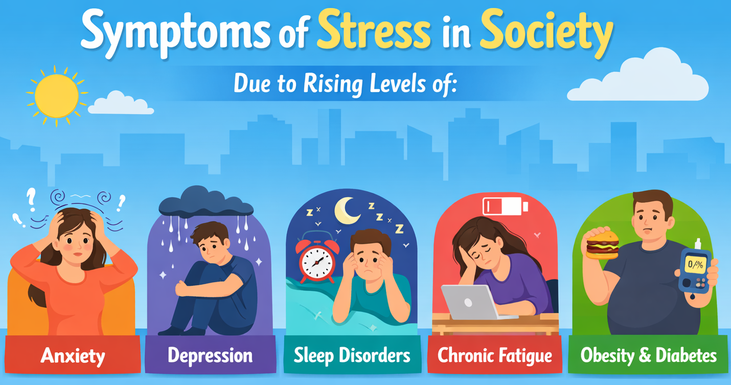 Symptoms of stress in society including anxiety, depression, sleep disorders, chronic fatigue, and obesity with diabetes illustrated in a visual infographic.