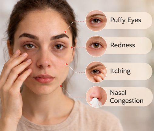 Woman touching her eye with visual labels showing allergy symptoms including puffy eyes, redness, itching, and nasal congestion.