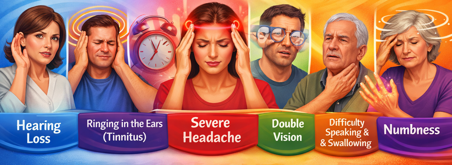 Illustration showing warning symptoms linked to serious vertigo causes including hearing loss, tinnitus, severe headache, double vision, speech difficulty, swallowing problems, and numbness.