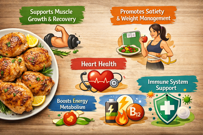 Educational graphic of chicken thighs with text describing benefits including muscle growth, heart health, vitamin B12 support, and immune function.